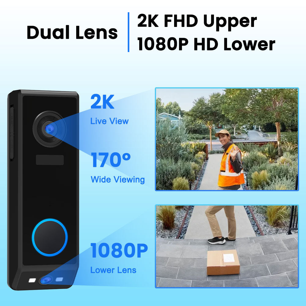 Bextgoo Doorbell Camera Wireless, Dual-Lens Video Doorbell P10 No Monthly Fee, 2K Head to Toe Video Doorbell Wireless or Wired, Motion Detection, 2-Way Talk, Voice Changer, Night Vision, IP67