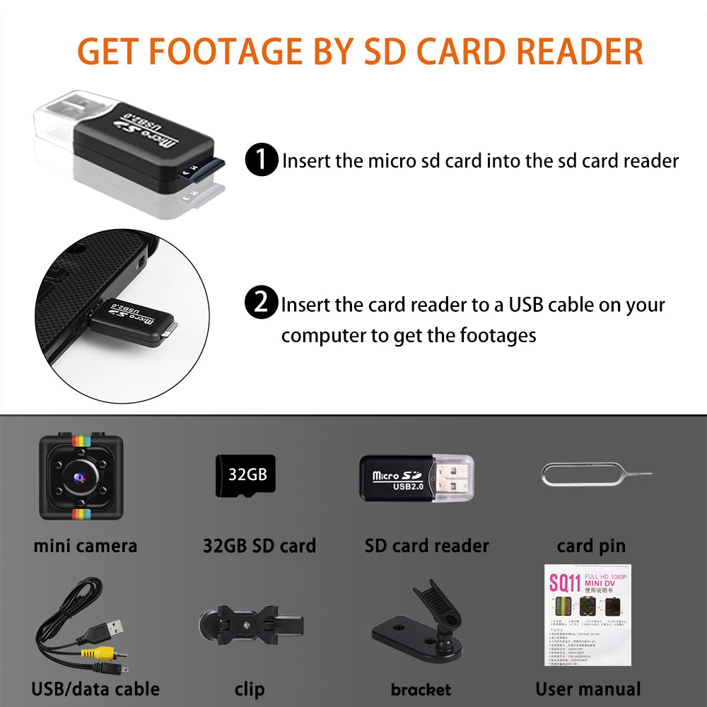 SQ11 Mini Spy Camera 1080P with 32GB TF Card